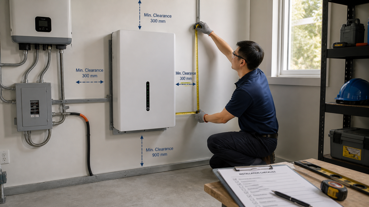 An installer measuring clearance space around a wall-mounted battery rack in a utility room.