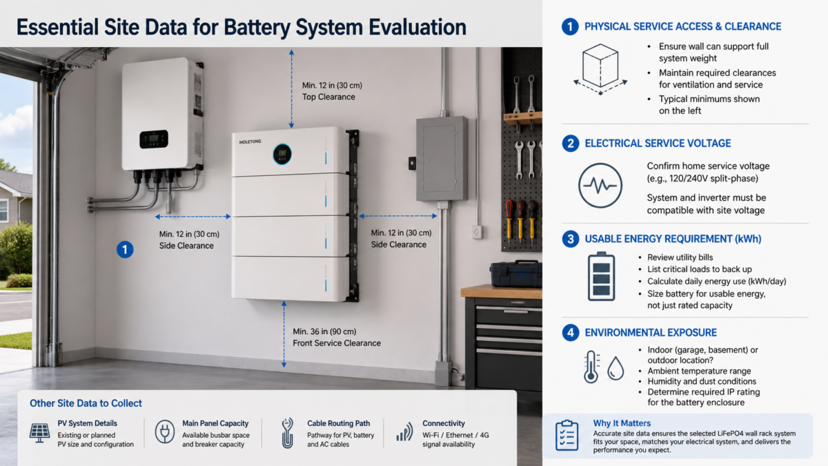 A technical diagram showing key site data points like voltage, usable energy, and service clearance.