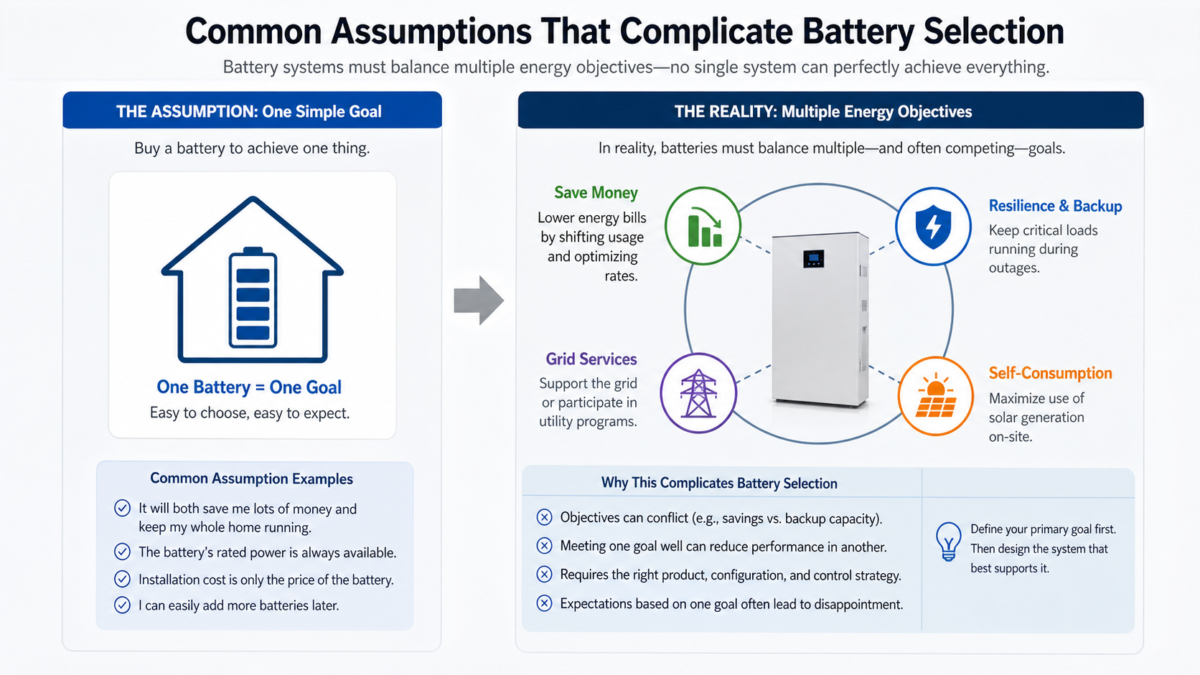 A diagram comparing a simple battery goal with the complex reality of multiple energy objectives.