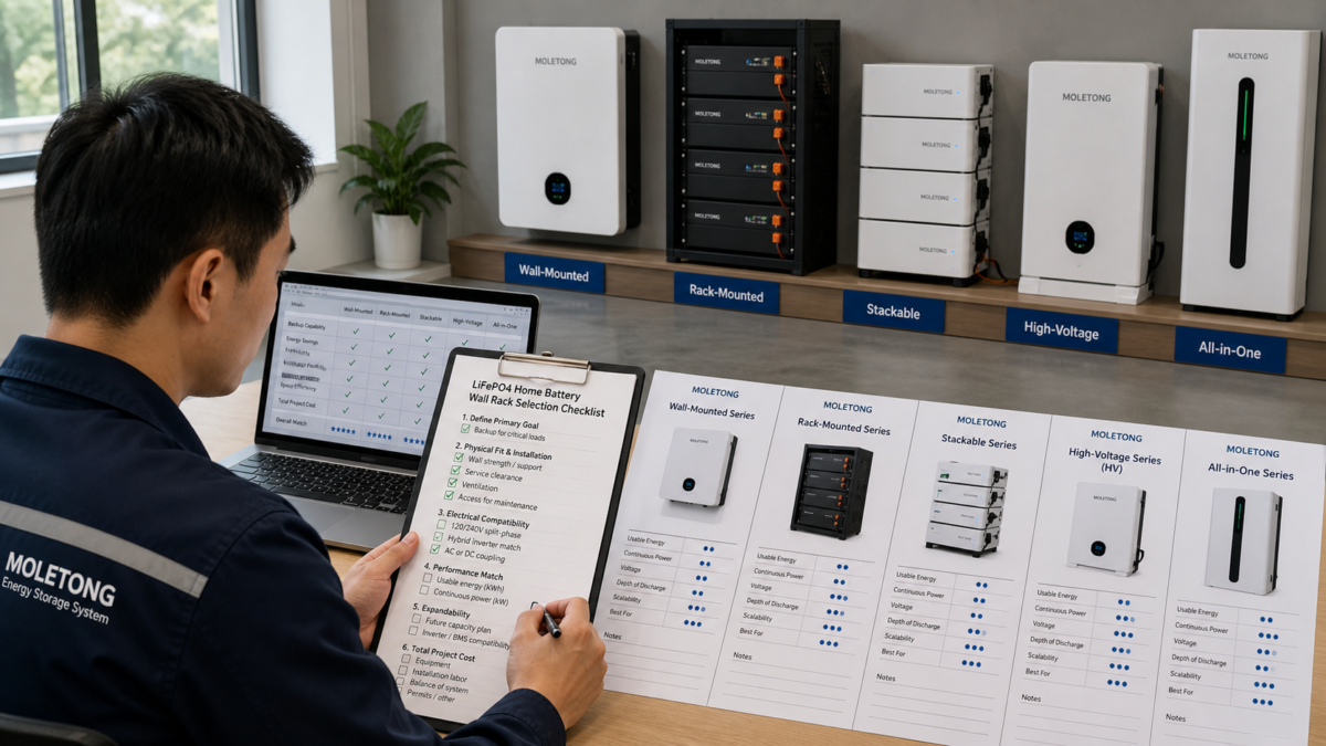 A person using a checklist to compare different Moletong home battery models for an installation.
