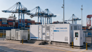 A commercial and industrial battery energy storage system installed at a busy shipping port with cargo cranes in the background.