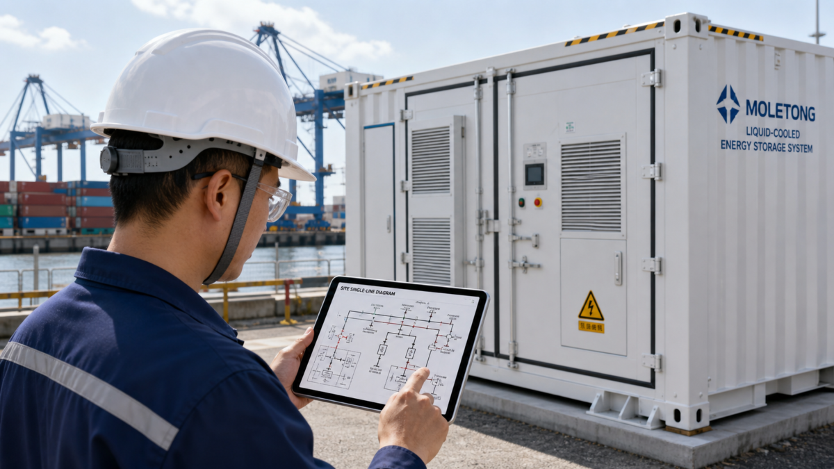 An engineer reviewing a site single-line diagram on a tablet in front of a Moletong liquid-cooled containerized energy storage system.