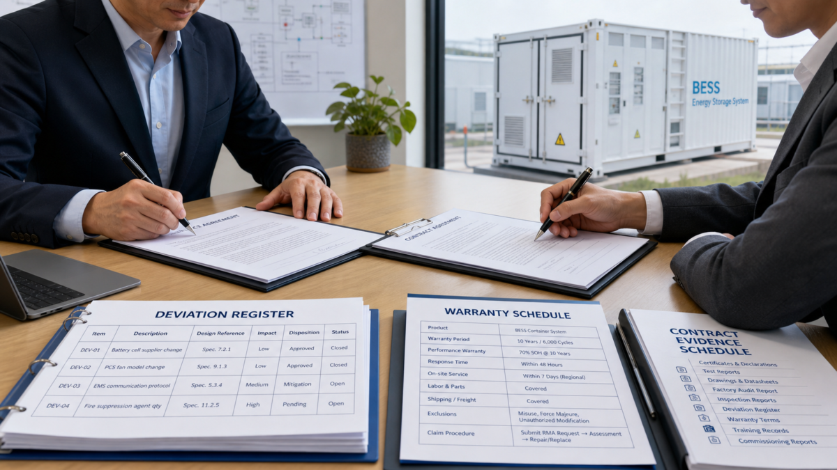 Two professionals signing a contract with a detailed deviation register and warranty schedule on the table.