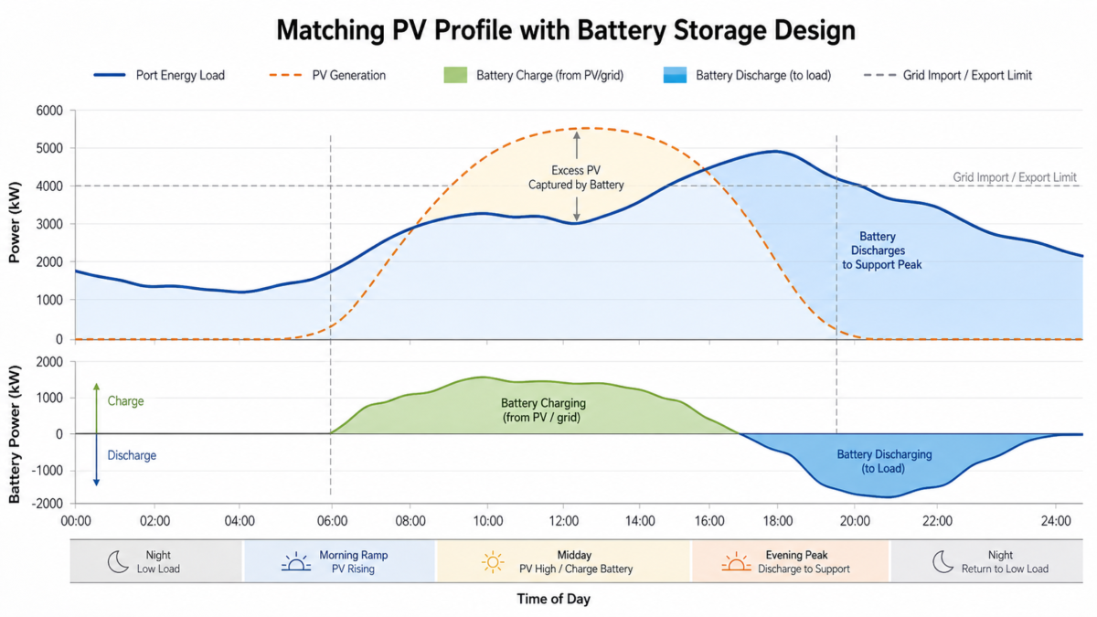 A graph showing a port's energy load curve, a solar PV generation curve, and a battery's charge and discharge cycles.