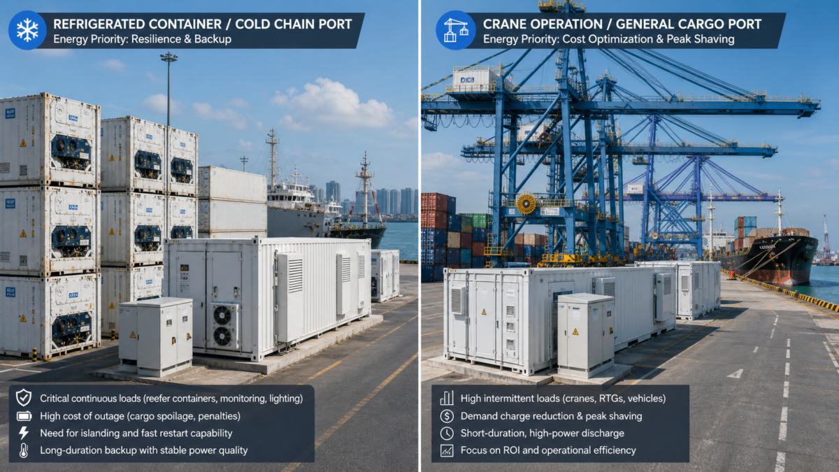 A side-by-side comparison of a port with refrigerated container stacks and another port with large gantry cranes, illustrating different energy needs.