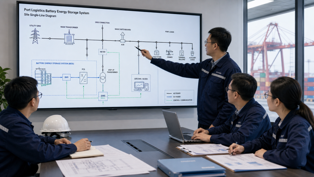 An engineering team in a meeting, pointing to a detailed single-line diagram of a battery storage system on a large screen.