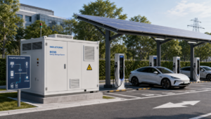 An integrated EV charging station with a Moletong BESS cabinet and solar panels