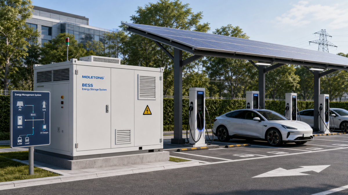 An integrated EV charging station with a Moletong BESS cabinet and solar panels
