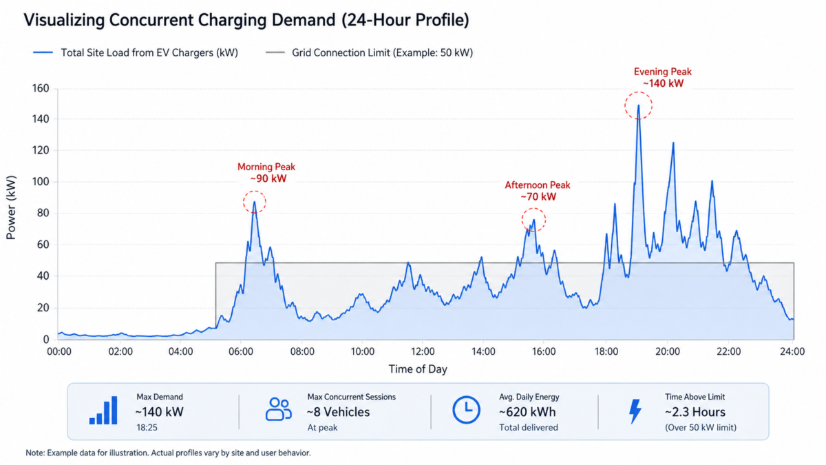 A graph showing sporadic high peaks of concurrent EV charging demand over a 24-hour period