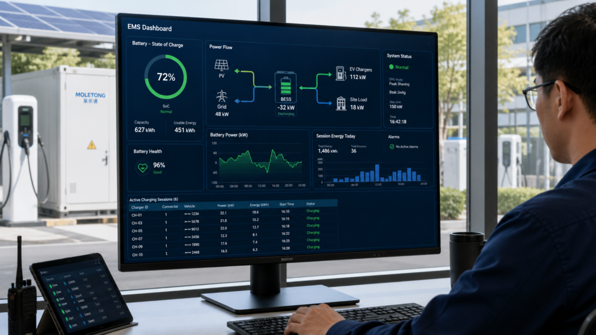 An EMS dashboard displaying real-time data on battery state of charge, power flow, and session energy