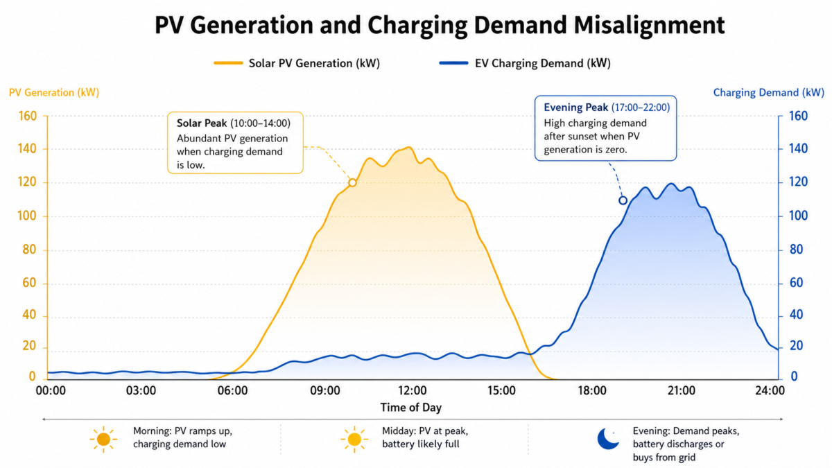 A dual-axis graph comparing a midday solar PV generation curve with an evening EV charging demand curve