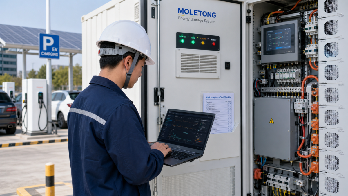 An engineer on-site with a laptop performing diagnostics on a Moletong BESS EMS cabinet