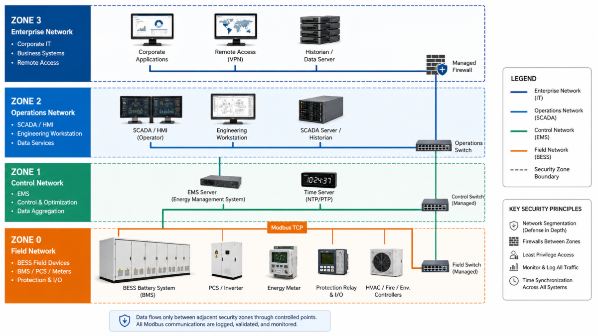 A clear network diagram showing BESS, EMS, and SCADA with defined security zones.