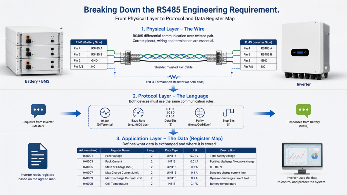 Breaking Down the RS485 Engineering Requirement. A diagram showing the layers of RS485 communication from physical wire to protocol and data register map.