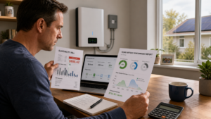 A homeowner sits at a desk comparing a high electricity bill with a home battery performance report.