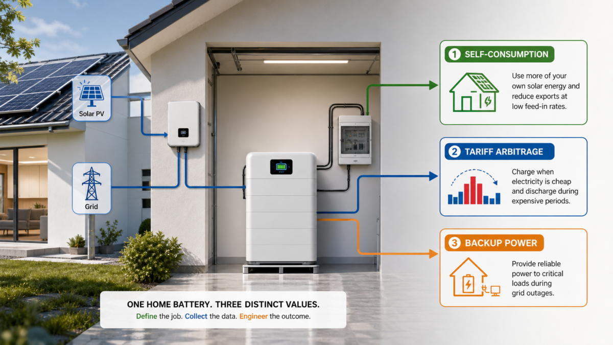 A clear diagram showing three separate value streams flowing from a residential battery: self-consumption, tariff arbitrage, and backup power.