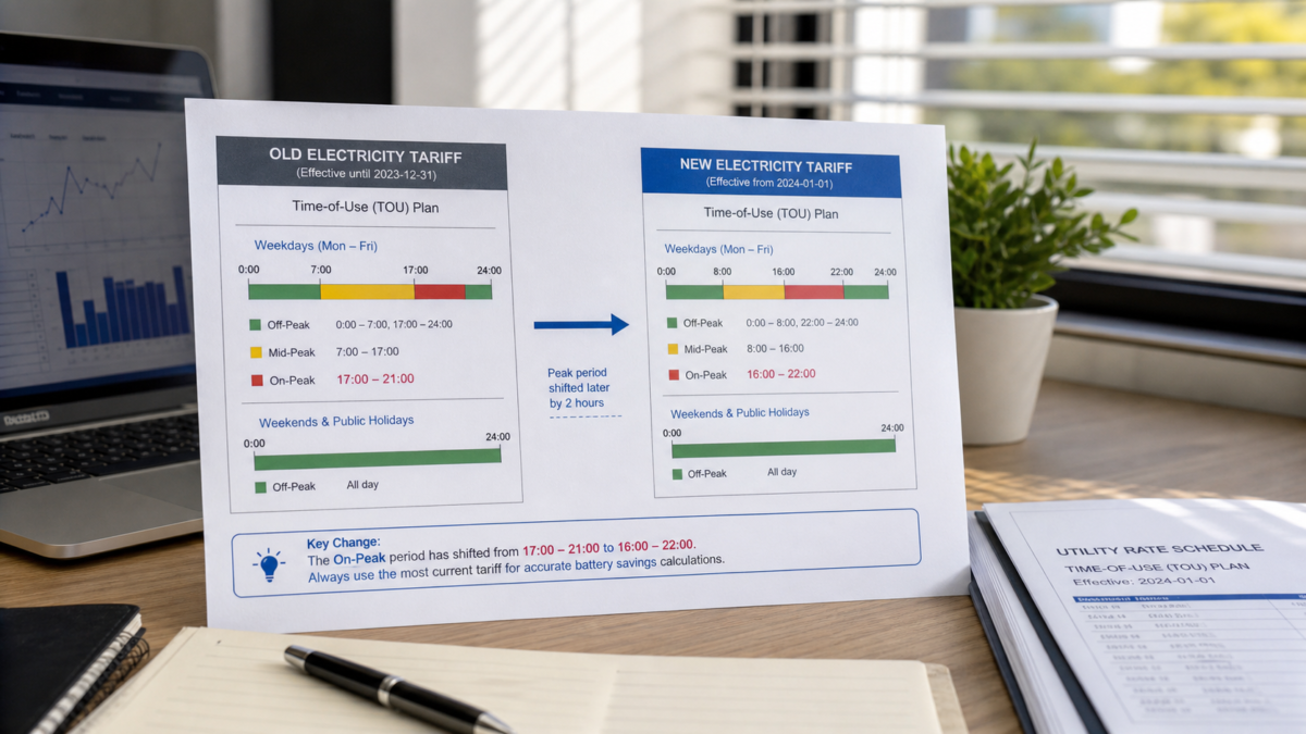 A side-by-side comparison of an old electricity tariff and a new one, highlighting the changed peak hour times.