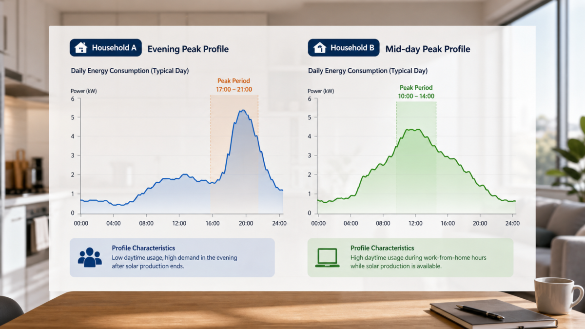 Two different household daily energy usage graphs, one with an evening peak and another with a mid-day peak.