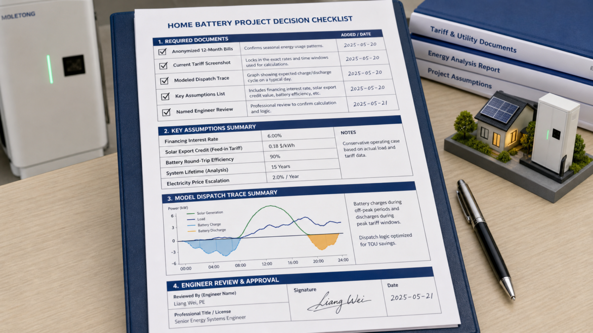 A professional checklist document for a home battery project, showing sections for bills, tariffs, and an engineer's signature.