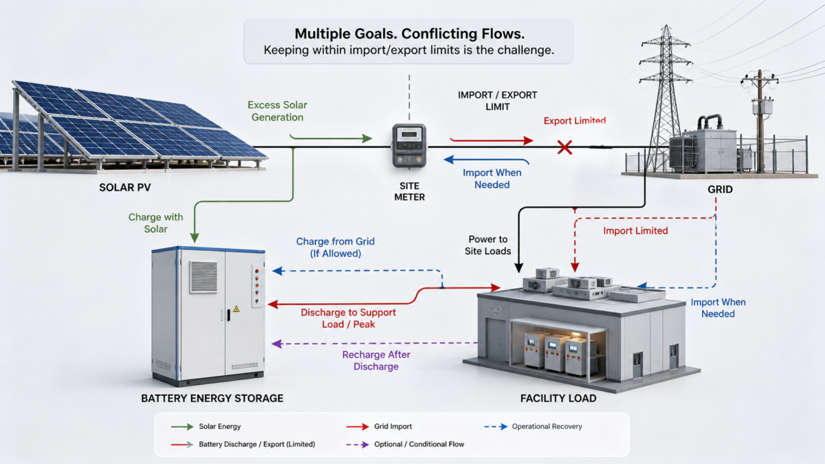 A diagram showing conflicting energy flow arrows between solar panels, a battery, the facility load, and the grid.