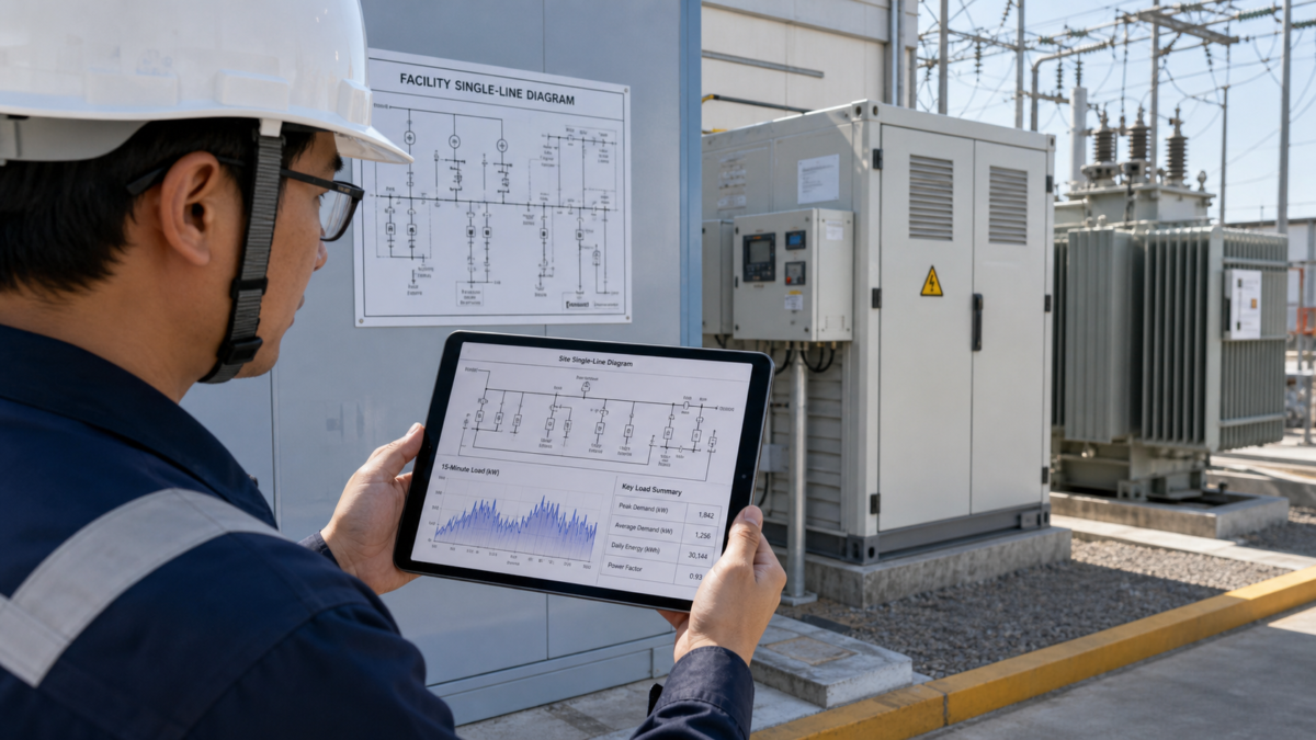 An engineer on site with a tablet displaying a facility's electrical single-line diagram and load data.