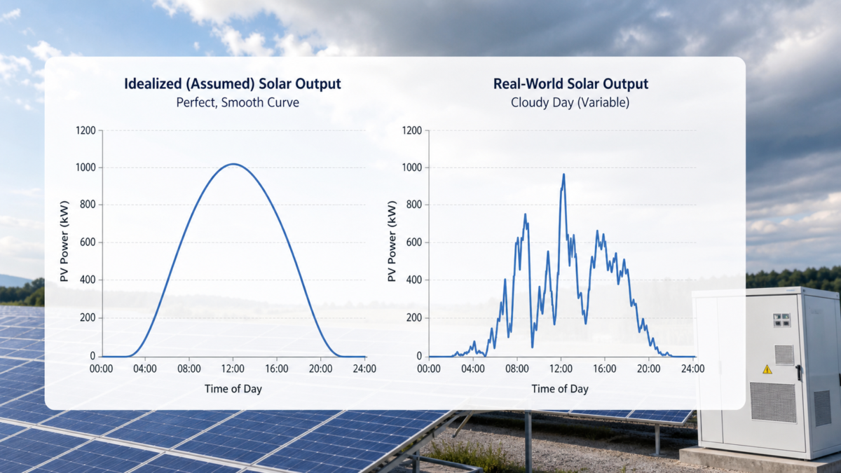 A side-by-side graph comparing a perfect, smooth solar curve against a real, variable solar curve from a cloudy day.