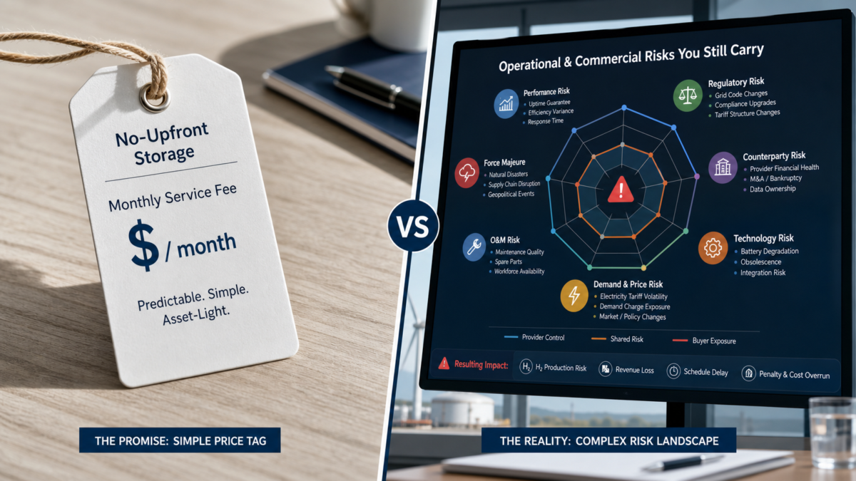 A split-screen image showing a simple price tag versus a complex operational risk chart for battery storage