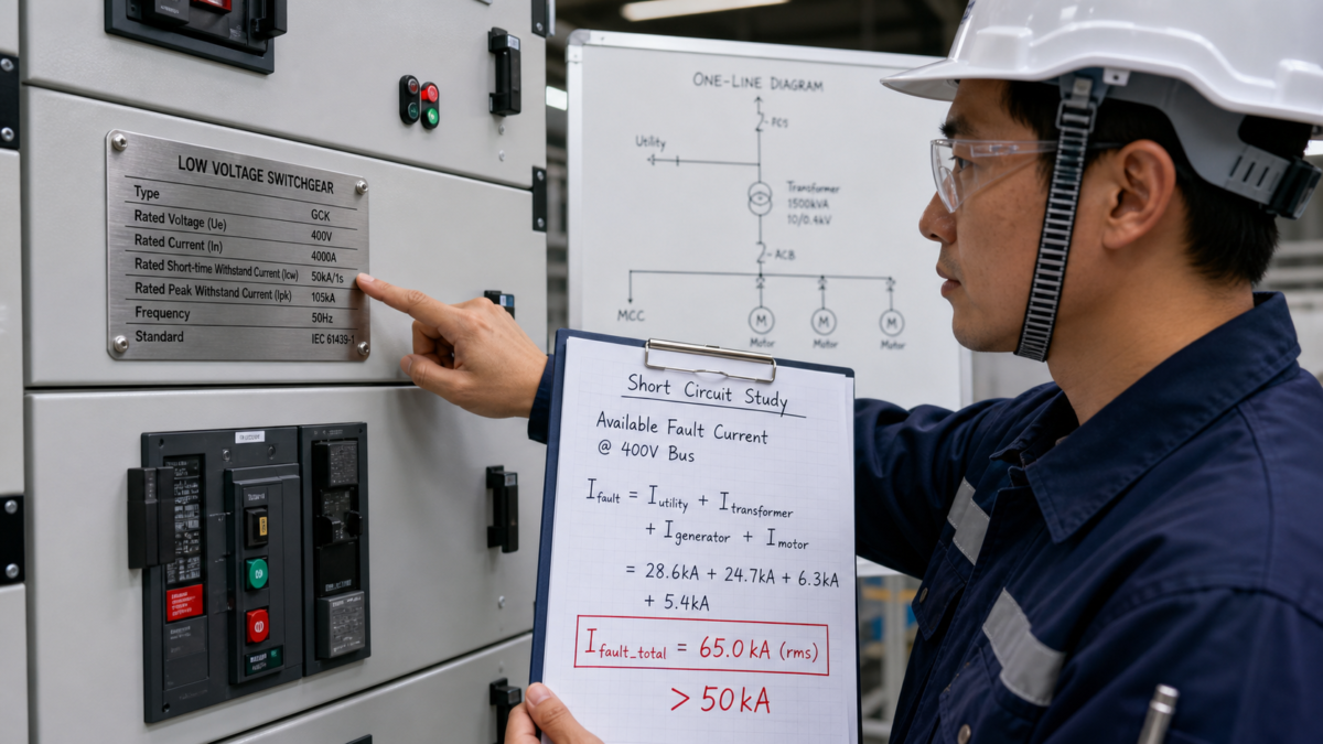 Understanding Switchgear Short Circuit Ratings An electrical engineer points to a switchgear nameplate rating next to a calculation showing higher fault current.