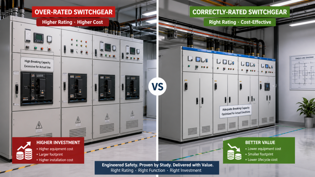Balancing Switchgear Cost and Safety A split image showing expensive, over-rated switchgear on one side and cost-effective, correctly-rated switchgear on the other.