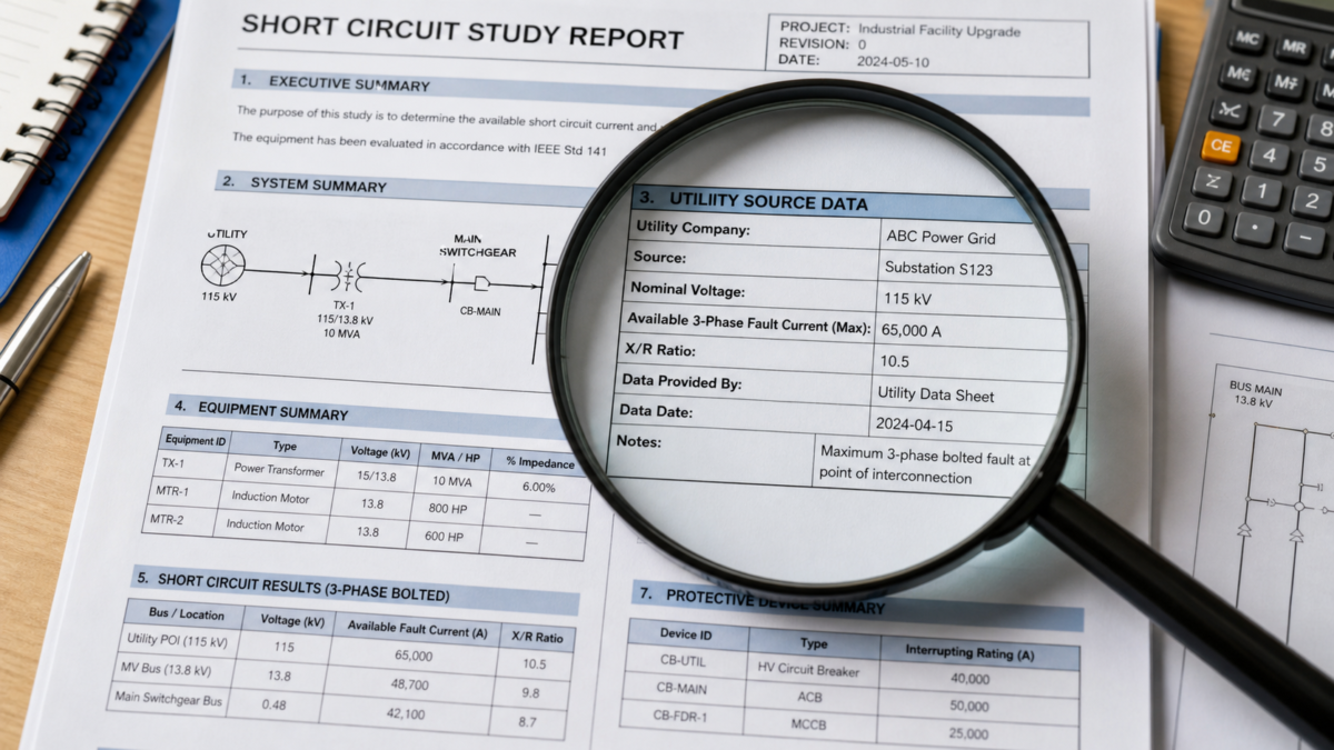 Scrutinizing Critical Study Inputs A close-up of a short circuit study report with a magnifying glass over the utility fault data section.