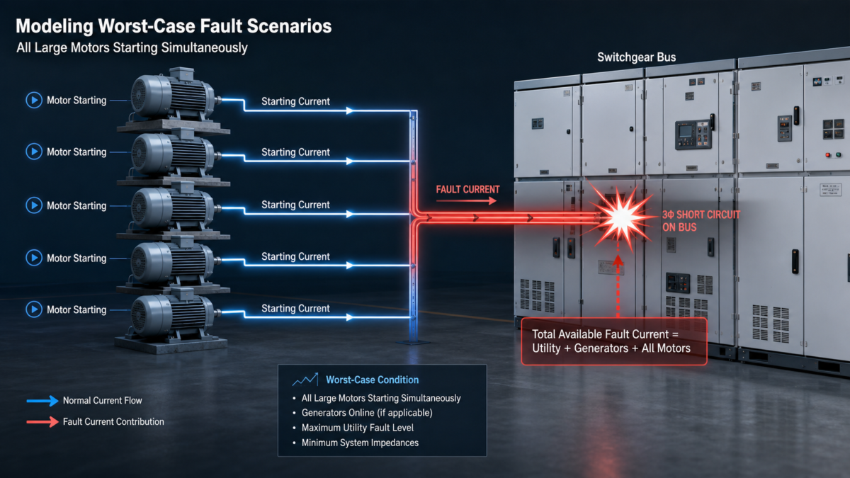 Modeling Worst-Case Fault Scenarios An animated diagram showing multiple motors starting simultaneously and feeding fault current into a switchgear bus.