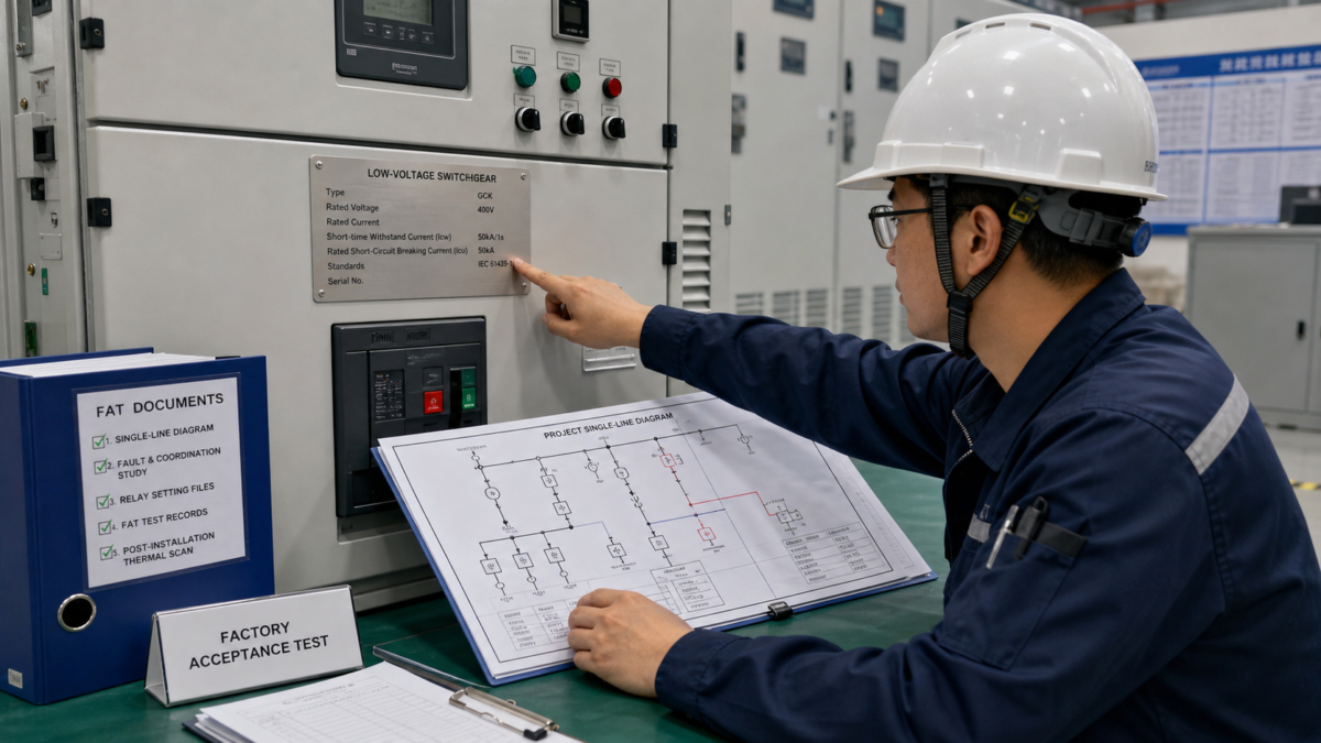 A Buyer's Switchgear Verification Checklist An inspector checking a switchgear's nameplate rating against a single-line diagram during a factory acceptance test.