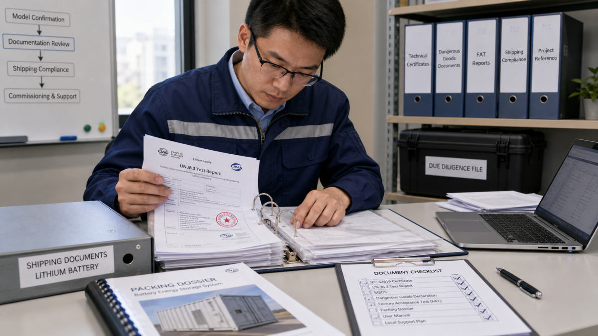 The Critical Role of Documentation in Battery Shipping A quality inspector meticulously reviewing a due diligence file with technical certificates and shipping documents