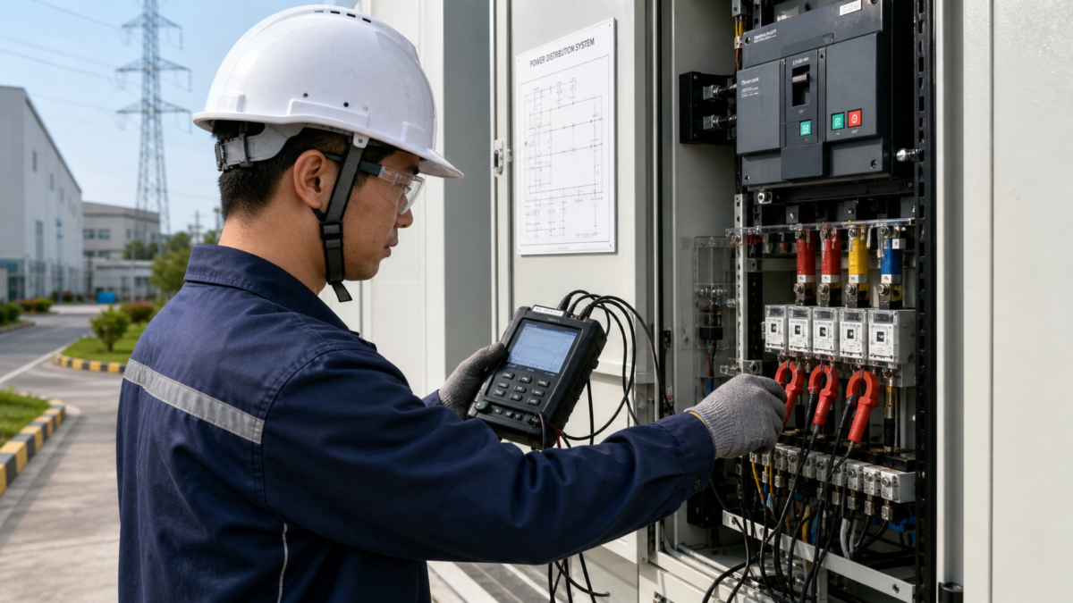 A technician on-site in an industrial park collecting electrical load data from a power distribution cabinet