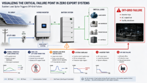A hybrid inverter system diagram showing a sudden load spike causing an off-grid failure
