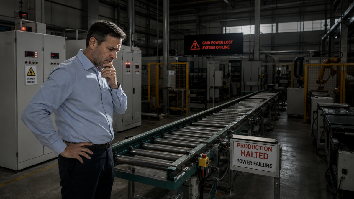 A factory manager looking worriedly at a halted conveyor belt during a power failure