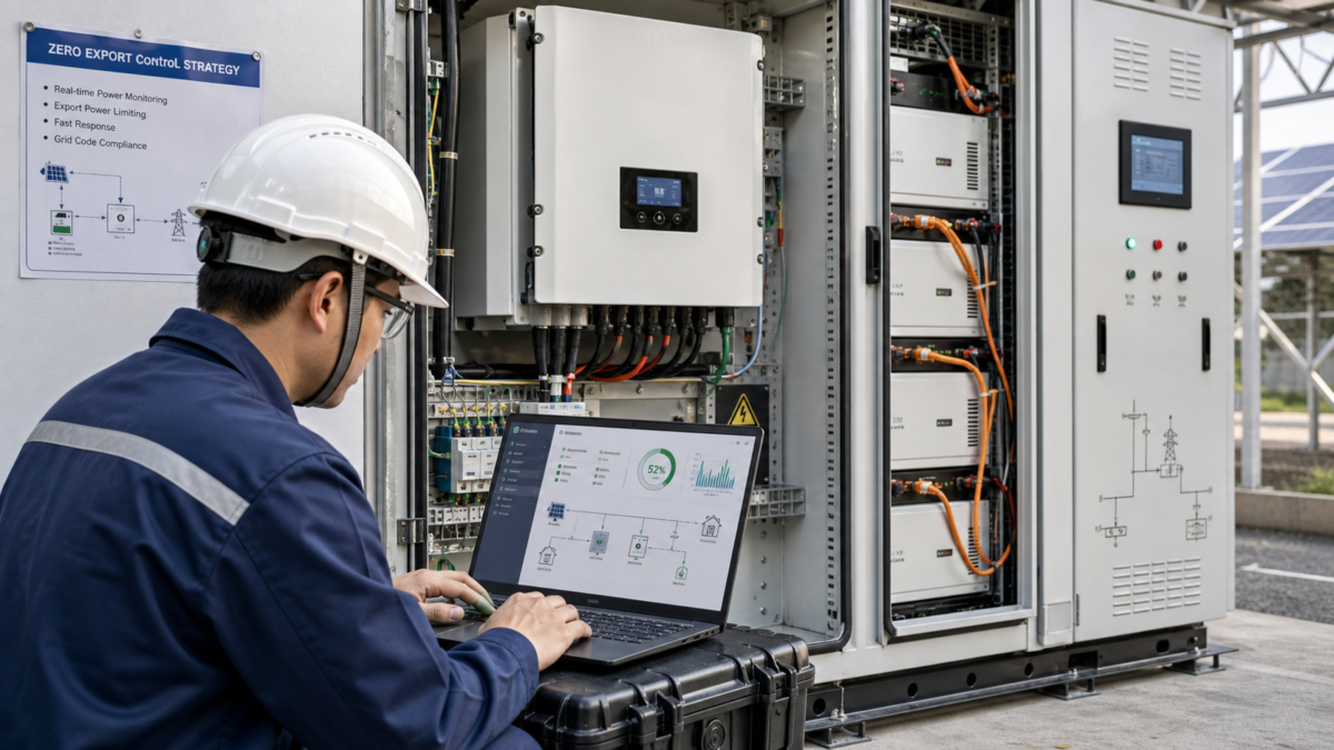 A technician running diagnostics on a commercial hybrid inverter system with a laptop interface