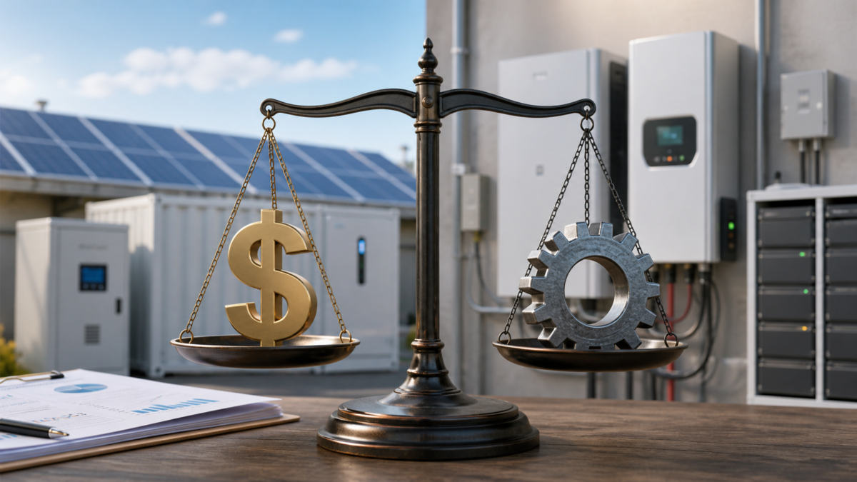 A balanced scale with a dollar sign on one side and a robust gear on the other