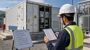An engineer reviews a long punch list on a tablet at a BESS container site during commissioning