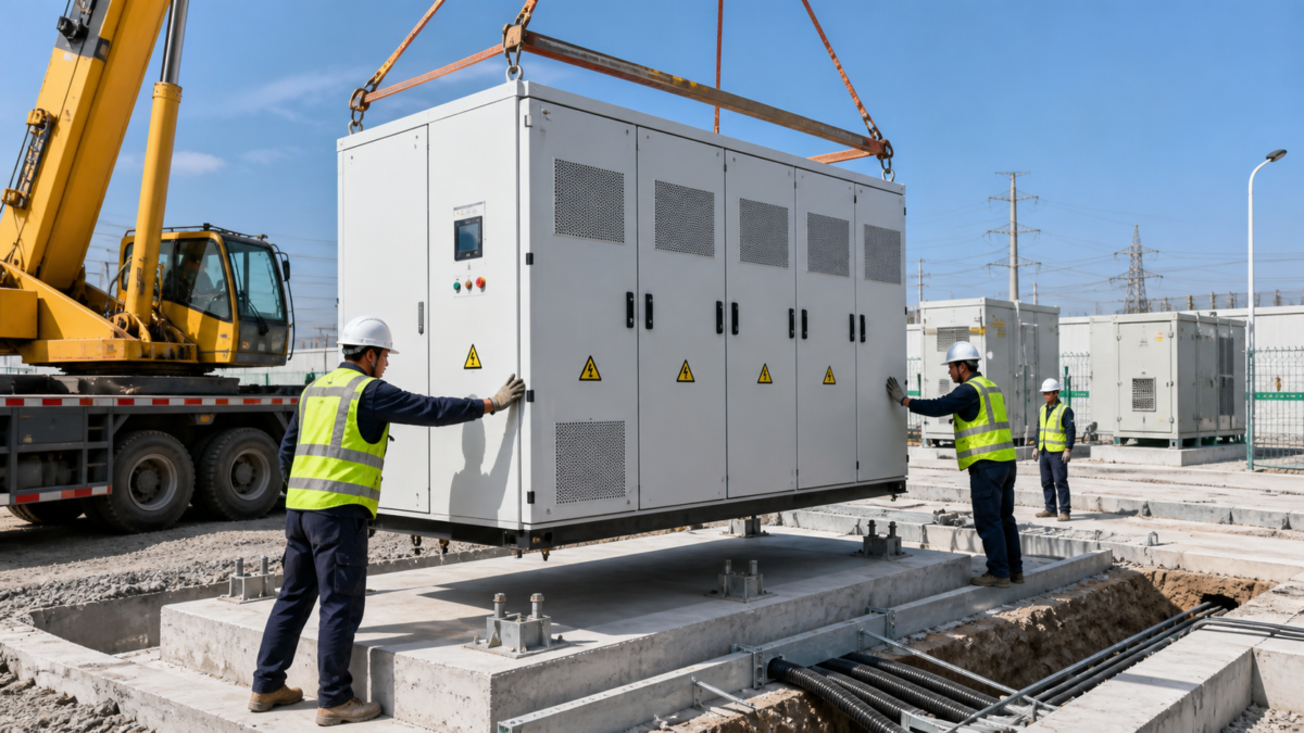 Bridging the gap between factory acceptance and site installation A factory-tested BESS cabinet being carefully craned into place on a concrete foundation at a construction site