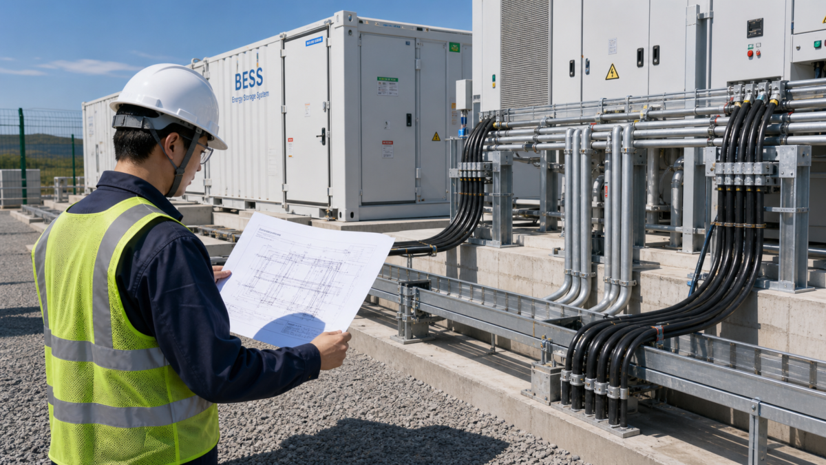 Verifying BESS handover with essential site documentation An inspector on a BESS site checking as-built drawings against the actual electrical conduit and cable installations