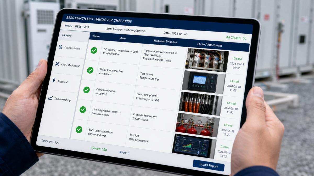Using a detailed checklist for a successful BESS handover A close-up of a digital checklist on a tablet with green checkmarks and attached photos for verified items