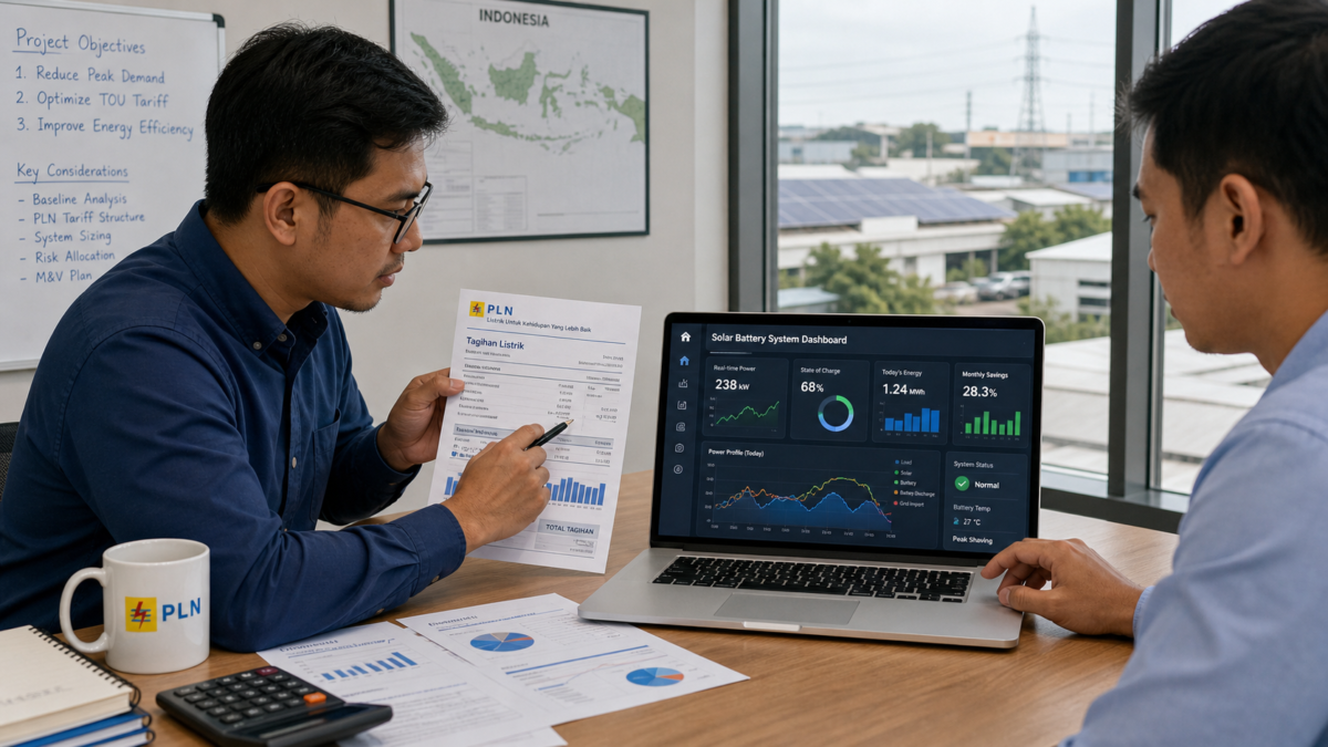 Engineers analyzing Indonesian PLN electricity bills against a solar battery performance dashboard on a laptop.