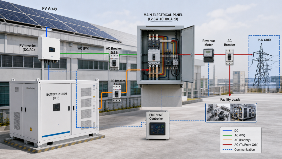 A detailed engineering diagram showing a solar battery connected to a factory's main electrical panel and the PLN grid.