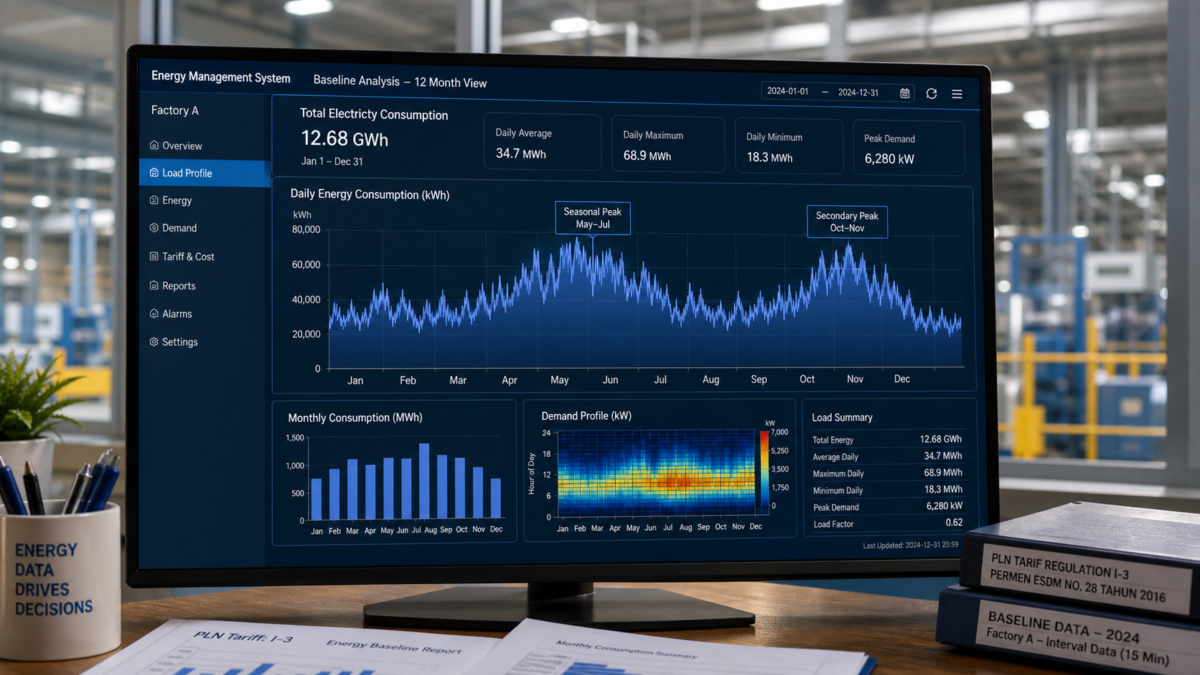 A detailed graph on a computer screen showing a factory's electricity consumption data over a full year, with clear seasonal peaks.
