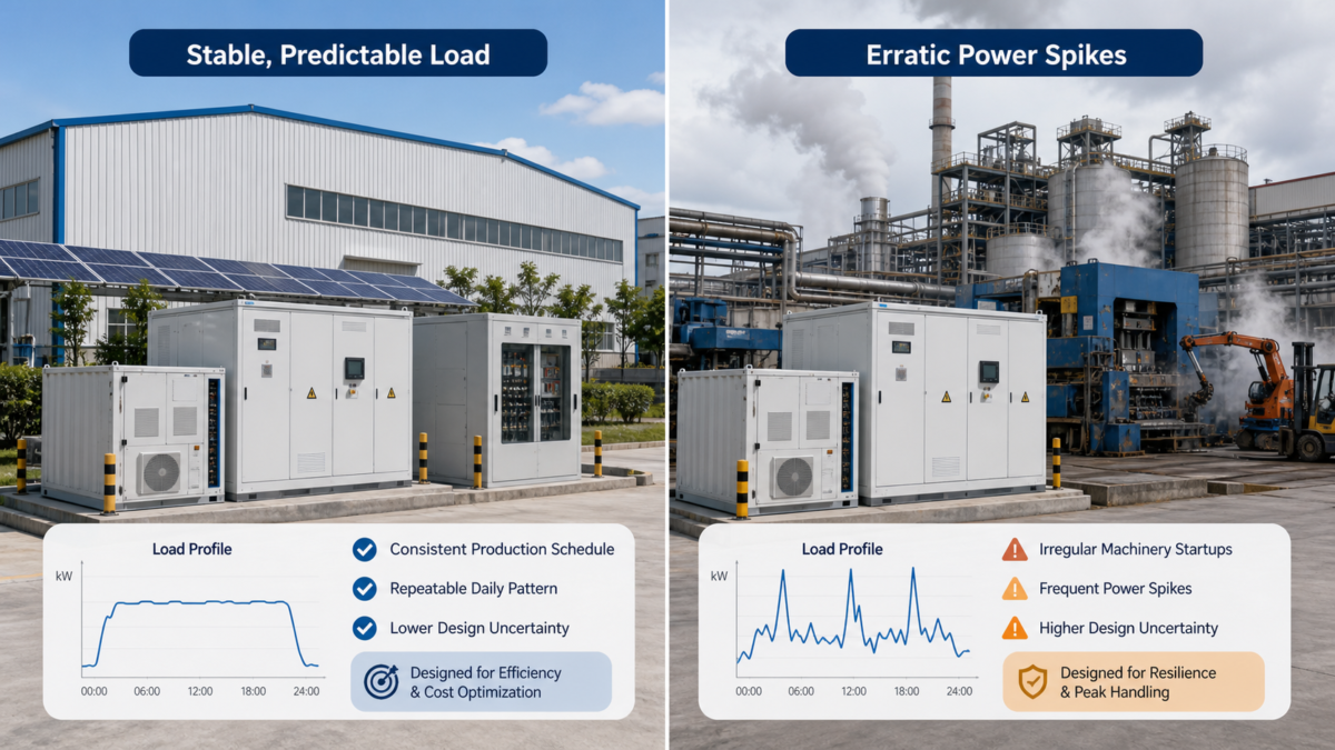 A side-by-side comparison of two industrial facilities in Indonesia, one with a stable, predictable load and one with erratic power spikes.