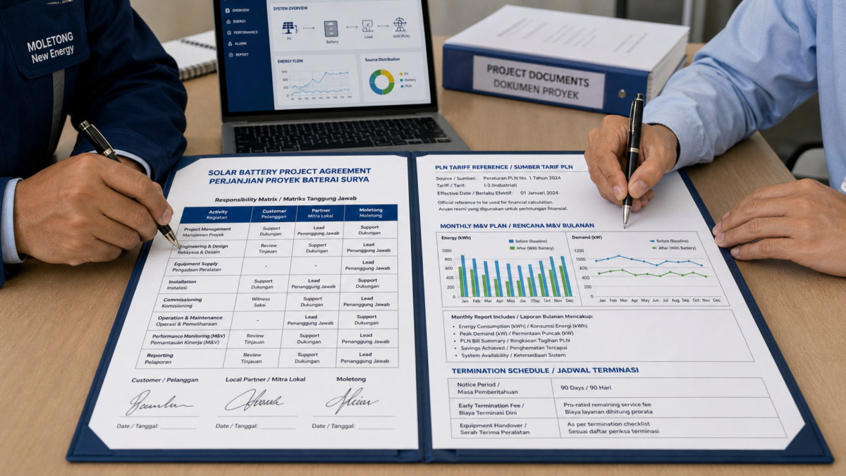 Two people signing a formal contract with a bilingual responsibility matrix and performance charts visible on the page.