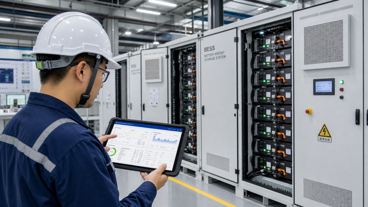An engineer reviews real-time performance data on a tablet inside an industrial facility with BESS cabinets.