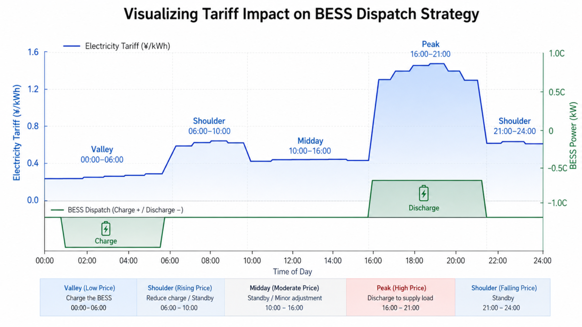 A graph showing changing electricity tariff prices over a 24-hour period with BESS dispatch cycles overlayed.