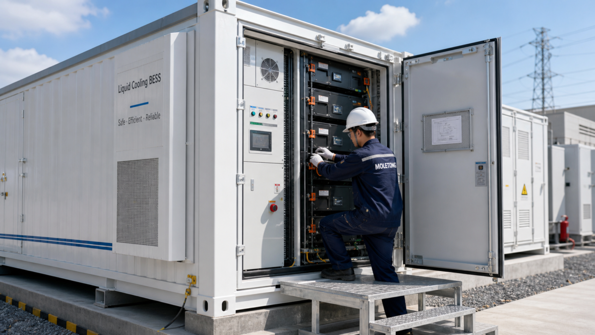A technician performs scheduled maintenance on a liquid-cooled Moletong BESS container, showing easy service access.